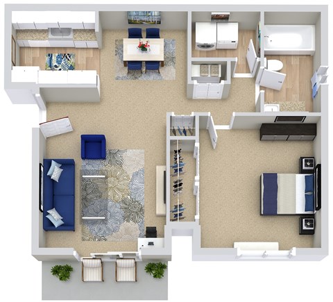 Floor plan for 1 bed, 1 bath, 653 sqft